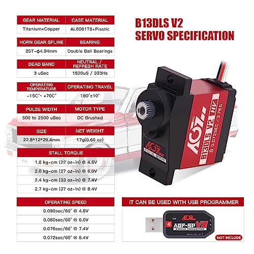 AGFRC B13DLS V2 0.072s Titanium Gear Sub-Micro RC Servo | 8.4V HV, 2.7kg Torque, Dual Ball Bearings, Programmable, 180° Angle, for 1/14-1/24 RC Cars, Crawlers & Planes