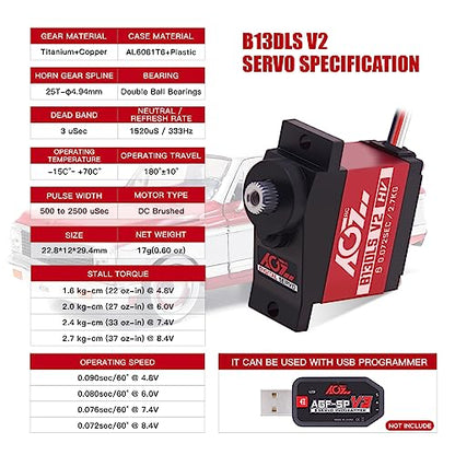 AGFRC B13DLS V2 0.072s Titanium Gear Sub-Micro RC Servo | 8.4V HV, 2.7kg Torque, Dual Ball Bearings, Programmable, 180° Angle, for 1/14-1/24 RC Cars, Crawlers & Planes