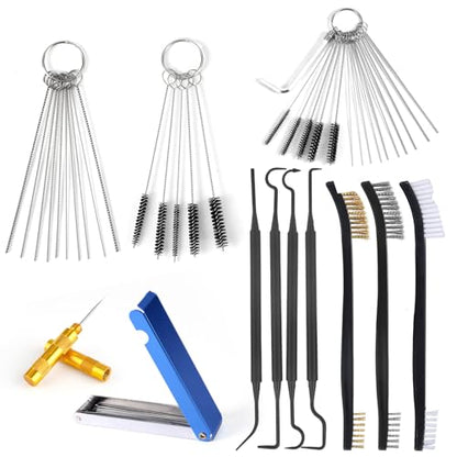 Penitue Carburetor Cleaning Kit, 3 Double Head Brushes 32 Needles 10 Nylon Brushes 4 Hooks 1 Scraper 1 Wrench Small Engine Spray Jet Cleaner for Motorcycle Airbrush Throttle Body Torch Tip Carb Tools