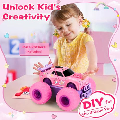 Drefirsa Princess Remote Control Car, Pink Monster Truck Girl Age 4-7 8-12 | DIY Sticker, Colorful Wheel Lights, Headlight, Stunt Car, Mist Spray, Toy for 3 4 5 6 7 8 Year Old Girl Birthday Gift - color: Pink