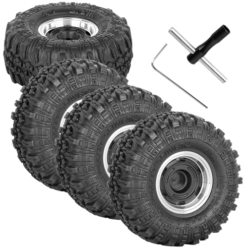 RC 1.0 Beadlock Wheel Tires Set Aluminium Alloy Wheel Tires&Wheels Rims for 1/24 1/18 SCX24 Trx4m RC Crawler Car,RC Wheels and Tires,4PCS（Black) - color: Black - (Rc Wheels Tires)