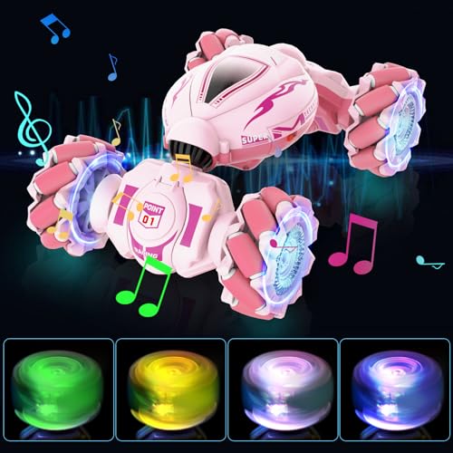 Fosgoit Pink RC Car Toys for Girls Aged 6-12, Gesture Sensing RC Stunt Cars with Lights Music for Girl Birthday Xmas Gifts, 2.4GHz 4WD Pink Remote Control Toy Double-Side Flip 360° All-Round Rotation - color: Pink