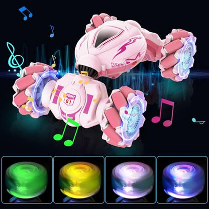 Fosgoit Pink RC Car Toys for Girls Aged 6-12, Gesture Sensing RC Stunt Cars with Lights Music for Girl Birthday Xmas Gifts, 2.4GHz 4WD Pink Remote Control Toy Double-Side Flip 360° All-Round Rotation - color: Pink