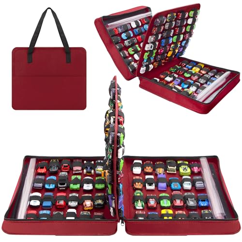 Carrying Case for 104 Toy Car Storage, Portable Container Carrier Organizer (Red) - color: Red
