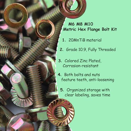 404Pcs Class 10.9 Metric Flange Bolts Kit - M6 M8 M10 (12-30mm) Serrated Hex Bolts with Nuts & Washers, Yellow Zinc, Storage Case for Light Equipment & DIY - size: 404PCS Metric Flange Bolt Kit M6~M10, Grade 10.9