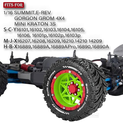 RC Truck Wheel and Tires for 1/16 Summit E-REVO Gorgon GROM MINI KRATON M-J-X H-B-X S-C-Y RC Car,Monster Truck Car Wheel Tires w/Plastic Wheels Rim,Soft Tire Highway Wheels (4PCS),Green Red - color: Green-red(rc Wheels Tires)