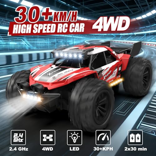 Remote Control Car, 4WD High Speed 30+KPH RC Cars for Boys Age 8-12, 2.4GHz RC Monster Truck Toys, 1:18 RC Truck with 2 Rechargeable Batteries & LED Lights, Birthday Gifts for Adults Kids