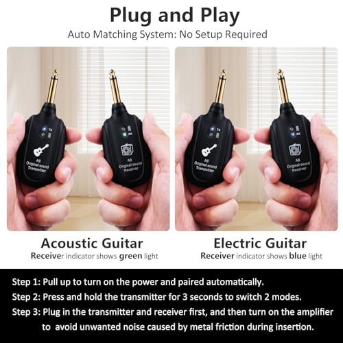 A8 Wireless Guitar System UHF 2 Modes, Rechargeable Li-Battery, 100ft Range, Plug & Play for Guitar, Bass, Violin, Keyboard - Black | Rechargeable Li-Battery, 100ft Range, Wireless Guitar Transmitter Receiver For Bass Violin Keyboard Electric Instruments