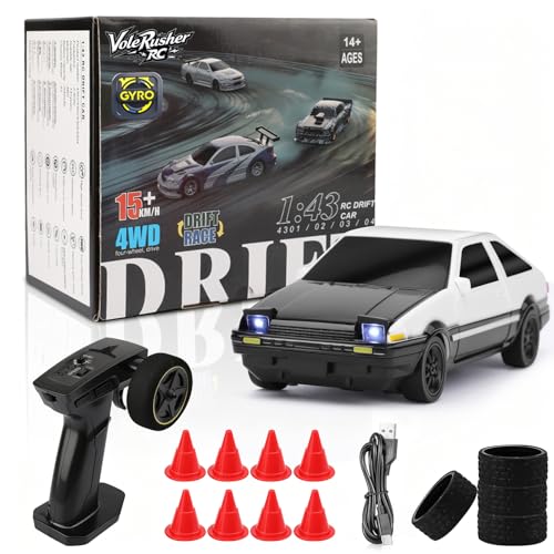 [2026 Upgrade 1/43 Mini RC Drift Car with Gyroscope, 4WD RTR | Gyro Mini Drift RC Car, 1/43 RC Drift Car Toys for Kids Ages 8-14, Birthday Gifts for Boys Girls, 2 Tire Sets, 8 Cones - color: White
