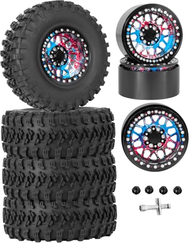 RC 2.2 Beadlock Tires Set 2.2" Wheels and Tires for 1/10 RC Crawler SCX10 AMG 6X6 TRX4 Gen8 Gen7 Pro,Alloy 2.2 RC Rims Rubber Tires,Colorful - color: Rainbow(4pcs)
