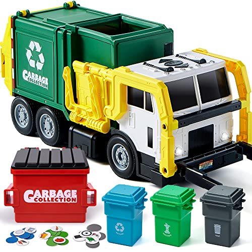 JOYIN Large Friction Powered Garbage Truck Toy Set, Includes 1 Dumpster, 3 Trash Bins, and 30 Learning Cards for Kids, Boy Toys Birthday Gift, Green - color: Green