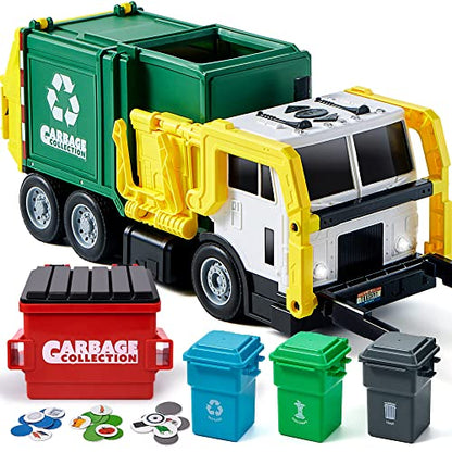 JOYIN Large Friction Powered Garbage Truck Toy Set, Includes 1 Dumpster, 3 Trash Bins, and 30 Learning Cards for Kids, Boy Toys Birthday Gift, Green - color: Green