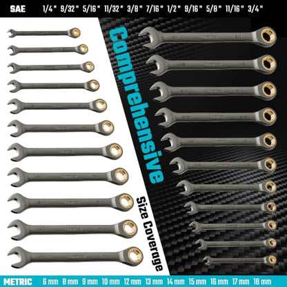 DURATECH Anti-Slip Ratcheting Wrench Set, 22-piece, Metric & SAE | Combination Wrench Set, 1/4" to 3/4" & 6-18mm, 72-Tooth, CR-V Steel, Nickel Plating - style: Anti-slip