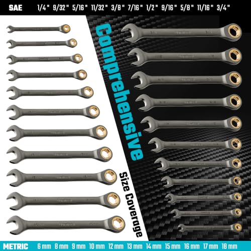 DURATECH Anti-Slip Ratcheting Wrench Set, 22-piece, Metric & SAE | Combination Wrench Set, 1/4" to 3/4" & 6-18mm, 72-Tooth, CR-V Steel, Nickel Plating - style: Anti-slip