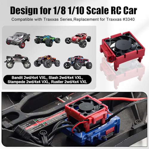 VXL-3s ESC Heat Sink Cooling Fan 28000RPM ESC Fan Heatsink for 1/8 1/10 RC Car Truck, Compatible with Traxxas Bandit/Slash/Stampede/Rustler 2WD/4X4 VXL-3s, Replace for #3340 Velineon (Red) - style: Red