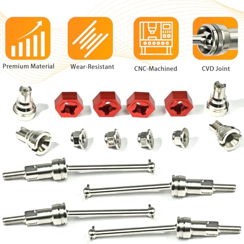 Hardened Steel CVD Drive Shafts Set with Adapters, Nuts, Center Drive Cups, Front Rear Dogbone Driveshaft Axles Upgrades Part for 1/16 Mojave Grom ARA2304, ARA2304S, ARA2104 (Silver,Red) - color: Silver-red