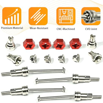 Hardened Steel CVD Drive Shafts Set with Adapters, Nuts, Center Drive Cups, Front Rear Dogbone Driveshaft Axles Upgrades Part for 1/16 Mojave Grom ARA2304, ARA2304S, ARA2104 (Silver,Red) - color: Silver-red