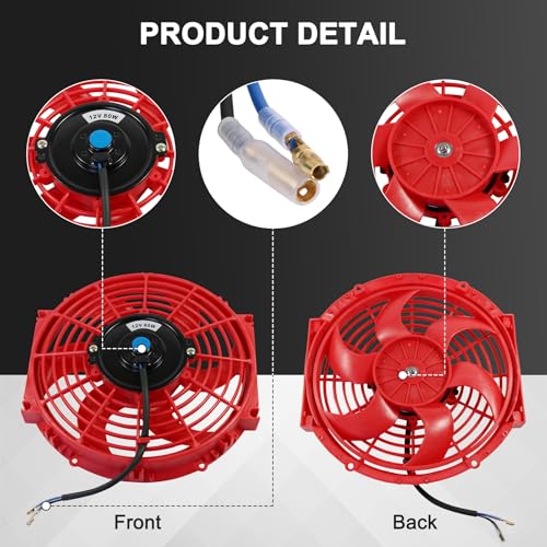 JDMSPEED New 10 Inch Slim Fan Push Pull Electric Radiator Cooling 12V Mount Universal Kit Red - color: Red, size: 10 Inch