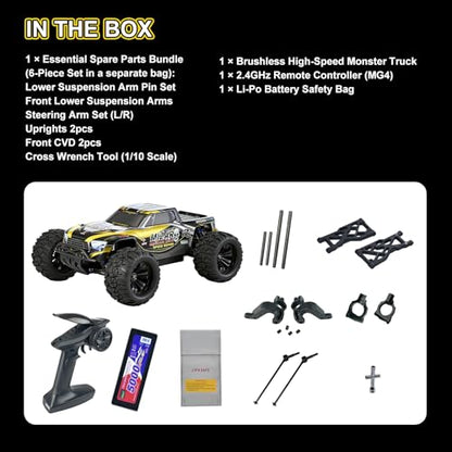 1/10 Brushless RC Truck, 4WD Fast Remote Control Car for Adults with 3S 5000mAh Battery, 2-Speed Transmission & CNC Metal Gears, All-Terrain Waterproof Heavy-Duty Off-Road Monster Truck RTR
