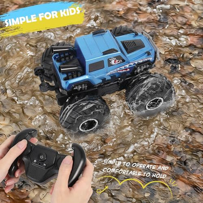 HENGI Amphibious Remote Control Car, RC Monster Truck, 2.4GHZ 1:16 Waterproof All-Terrain Off-Road RC Cars Toys, Pool Toys Gifts for Boys and Girls Age 8-12 (Blue)