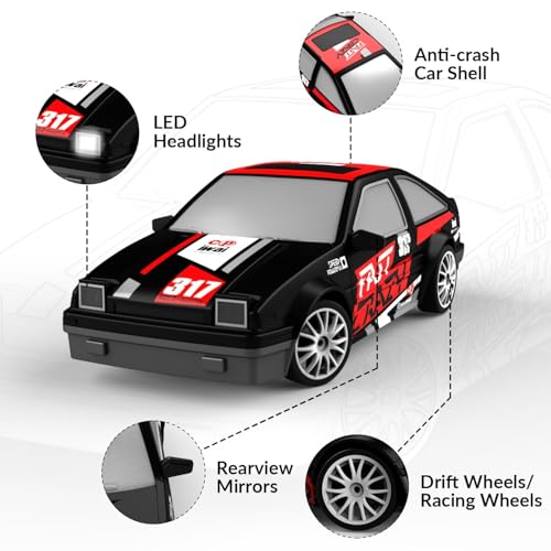 RACENT 1:24 Mini RC Drift Car, 10MPH 4WD Remote Control Car with LED Light, Racing and Drifting Wheels, 2 Rechargeable Batteries, Perfect Toy for Boys, Girls, Kids (Black) - color: Black, size: 1:24 Scale