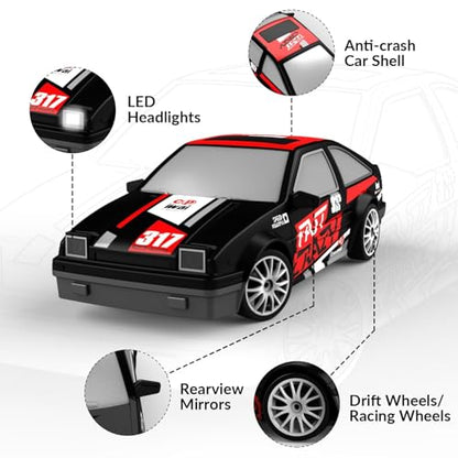 RACENT 1:24 Mini RC Drift Car, 10MPH 4WD Remote Control Car with LED Light, Racing and Drifting Wheels, 2 Rechargeable Batteries, Perfect Toy for Boys, Girls, Kids (Black) - color: Black, size: 1:24 Scale