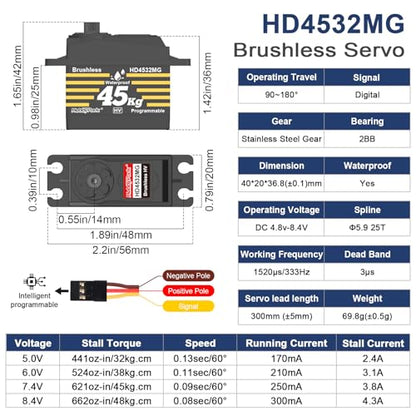 HobbyPark 45kg Servo High Torque Waterproof RC Steering Servo Metal Gear Digital Servo Stainless Steel Gears for 1/7 1/8 1/10 RC Crawler Car Truck Buggy Powerful & Fast (Brushless Motor)