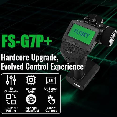 Flysky FS-G7P+ Transmitter, 2.4GHz 10CH New Upgrades FS-G7P Transmitter with FS-R11P Receiver Combo, Upgraded Memory, Foam Wheel, Lightweight, Wide-View UI, Type-C & 300m+ Range