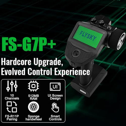 Flysky FS-G7P+ Transmitter, 2.4GHz 10CH New Upgrades FS-G7P Transmitter with FS-R11P Receiver Combo, Upgraded Memory, Foam Wheel, Lightweight, Wide-View UI, Type-C & 300m+ Range