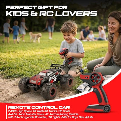 Remote Control Car, 2.4GHz high Speed 20km/H, 1:16 Scale 4 * 4 Off-Road RC Truck, High Speed All-Terrain Racing Vehicle with 2*Rechargeable Batteries, LED Lights, Gifts for Kids & Adults