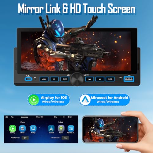 Car Radio 1 DIN 6.86 Inch, Wireless CarPlay Android Auto Car Stereo, Bluetooth Hands-Free, FM Radio, Steering Wheel Control, MirrorLink, AUX Input, Equalizer Multimedia Player with HD Reversing Camera