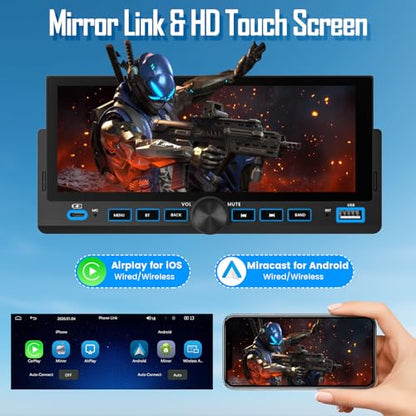 Car Radio 1 DIN 6.86 Inch, Wireless CarPlay Android Auto Car Stereo, Bluetooth Hands-Free, FM Radio, Steering Wheel Control, MirrorLink, AUX Input, Equalizer Multimedia Player with HD Reversing Camera