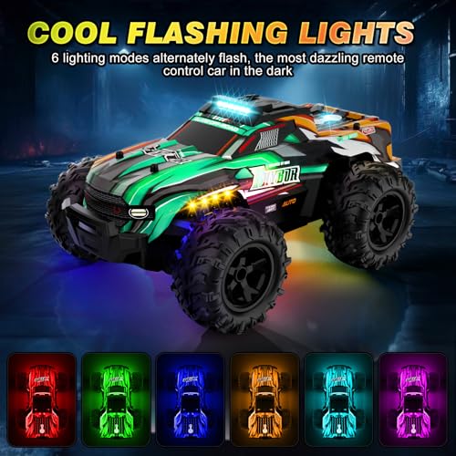 BLUEJAY Remote Control Car, 1:16 All Terrain High Speed RC Cars Truck for Boy, Rechargeable Monster RC Truck with Cool LED Lights & Spray, RC Cars Toys Gifts for Adults Kids Boys Girls 4-7 8-12 - color: Orange