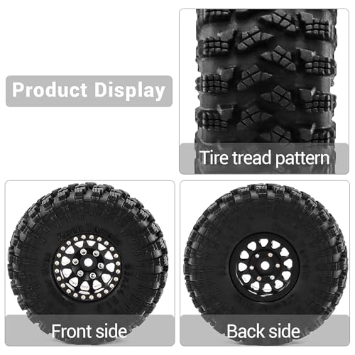 1.0" Beadlock Brass Wheels and 63mm Tires for SCX24 TRX4M | 7mm Hex, Soft Rubber Tires with Foam Lining, 1/18 1/24 RC Crawler Upgrade Parts - color: Brass Black