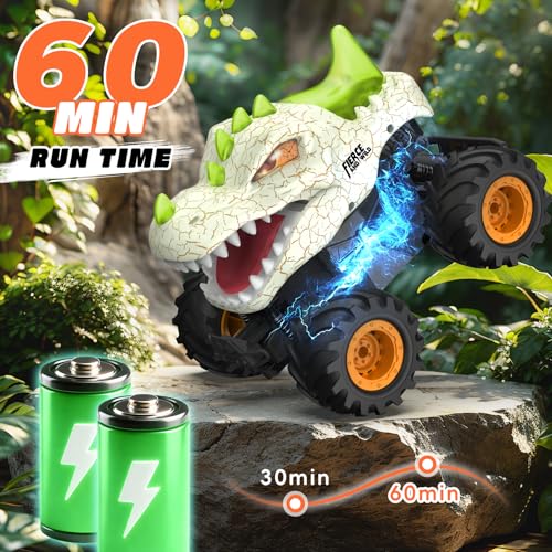 Dinosaur Remote Control Car 2.4GHz RC Monster Truck 1:24 Scale RC Car with LED Lights & Movable Mouth, Rechargeable Dinosaur Toys Birthday Gift for Boys 6-12, Orange - color: Orange