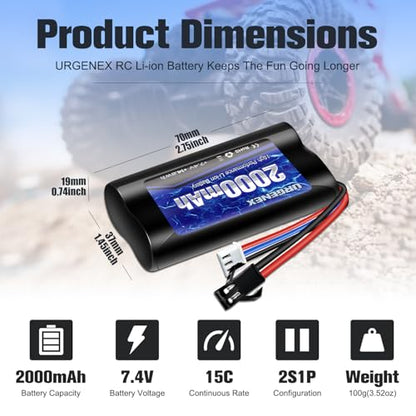 Li-ion Battery 7.4V 2000mAh High Capacity with SM-2P Plug 2S Rechargeable RC Battery Fit for WPL MN99 4WD High Speed RC Cars & Most 1/10, 1/12, 1/16 Scale RC Cars Trucks with 2 USB Chargers