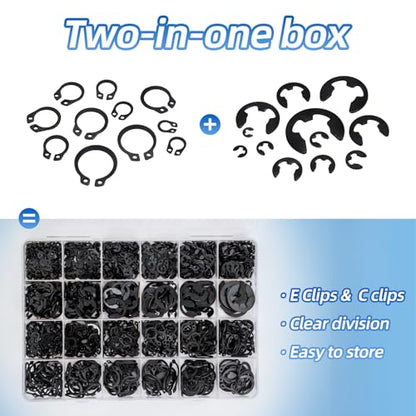900PCS Carbon Steel Retaining Rings Set - 24 Sizes C Clips & E Clips Assortment Kit for Auto Parts Repair, Machinery Maintenance and Industrial Equipment