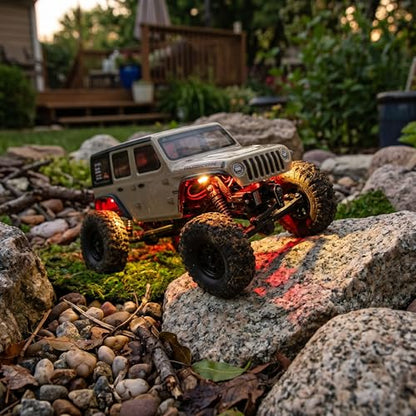 4 LED Rock Lights Kit for Axial SCX24 1/24 RC Crawler Car Upgrade Parts, White and Red Headlight Taillight Lighting System with Remote Control
