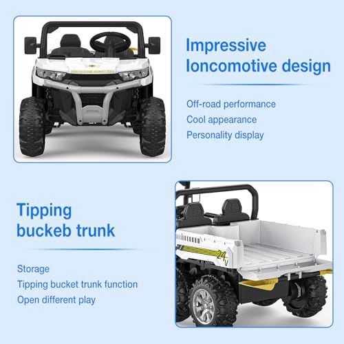 Hetoy 24V 2-Seater Ride On Dump Truck with Parent Remote Control, 4WD 6-Wheel Electric Car for Big Kids, UTV Style Dump Bed & Music Horn, ASTM/CPSIA Certified (Ages 3+) - color: White
