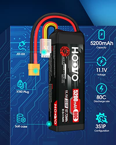 HOOVO 11.1V 3S LiPo Battery 5200mAh 80C Softcase RC Battery XT60 Plug | for RC Car RC Truck Airplane Helicopter Boat Racing RC Hobby