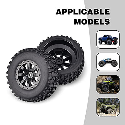 Hosim 1/10 RC Car Tires and Wheels with Foam Insert M4 Hex Hub for for Axial/SCX10/Losi TRX HSP CC01 D90 D110 Offroad Racing RC Truck Crawler 9mm Wheel OD 3.94 inch/100mm