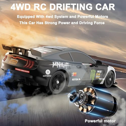 Remote Control Car RC Drift Car 1:16 Scale 4WD 18KM/H High Speed Model Vehicle 2.4GHz with LED Lights Spray Rubber Tire Racing Sport Toy for Adults Boys Girls Kids Gift 2Pcs Rechargeable Batteries - color: B-black