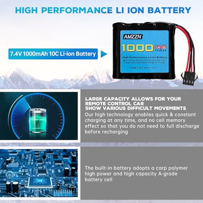 7.4V 1000mAh 2S Li-ion Battery with SM-4P Plug and USB Charging Cable for DE36W DE65 NO.1809 RC Toy Car, Off-Road Vehicle Climbing Drift Racing Battery