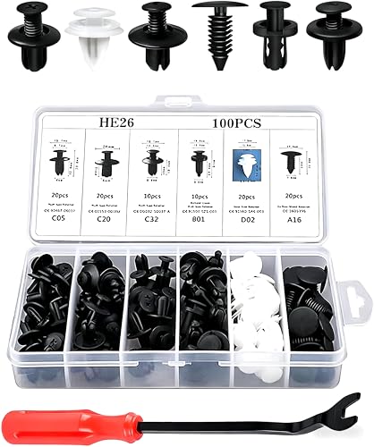 100 PCS Bumper Push Fasteners Rivet Clip Kit, ABS Retainer Expansion Screws with Removal Tool, 6 Popular Sizes Fenders/Body Fixing Clips, Universal for Most Cars, Trucks, SUVs (White)