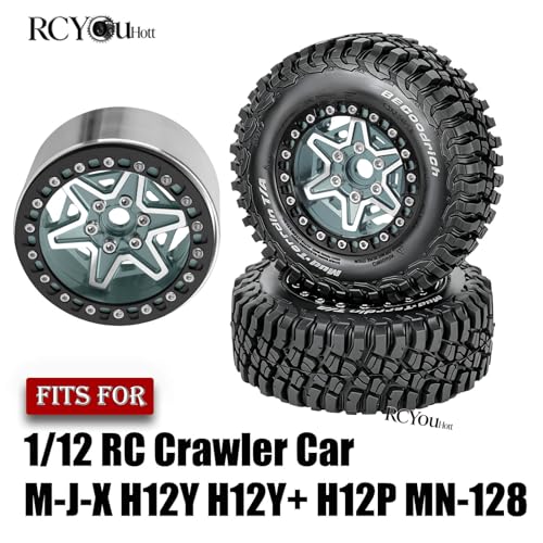 RC 1.9" Beadlock Wheels and Tires Set for 1/12 M-J-X H12Y H12Y+ H12P MN-128 RC Crawler,Wheels Tire OD 90MM/3.54",Aluminium Wheel Rims (4PCS),1.9" Beadlock Wheel Tires,Titanium - color: Titanium- (Wheel Tires)