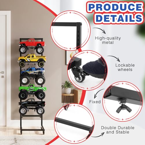AceOrbit Rc Car Stand Display Rack with 4 Removable Mute Lockable Wheels, 5 Adjustable Tiers Layer Workstation Storage Shelf for 1/6 1/10 1/12 1/24 1/32 Scale RC Trucks Buggies for Garage/Living Room