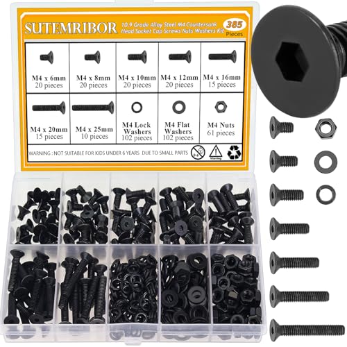 385 Pieces M4 Screws Nuts Washers Set Black, Sutemribor M4 x 6/8/10/12/16/20/25mm Countersunk Head Socket Cap Screws Nuts Washers Assortment Kit, 10.9 Grade Alloy Steel, Fully Threaded - size: M4, style: Countersunk Head Socket Cap