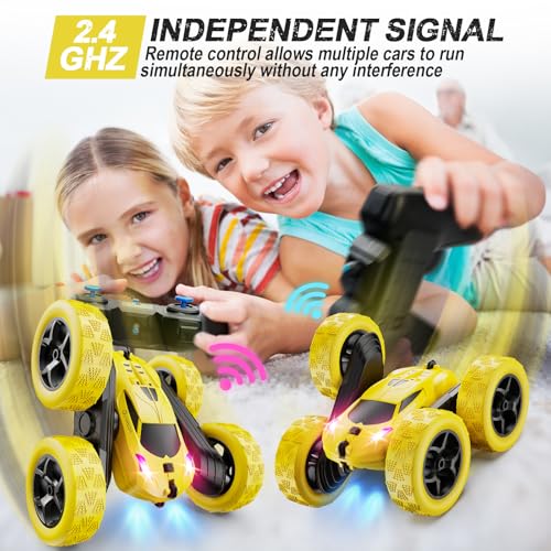 QUNREDA Remote Control Car,RC Car Toys for 6-12 Year Old Boys, Off Road RC Stunt Car 4WD 360° Rotating Remote Control Car for Kids, Boys Girls Gifts for Birthday, Christmas Yellow - color: Yellow