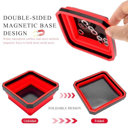 Collapsible Magnetic Parts Tray, 4.5" Square Silicone Tool Tray with Dual-Sided Magnetic Base, Foldable Small Metal Parts Organizer Storage Bowl for Screws Bolts Nuts Washers (Red) - color: Red