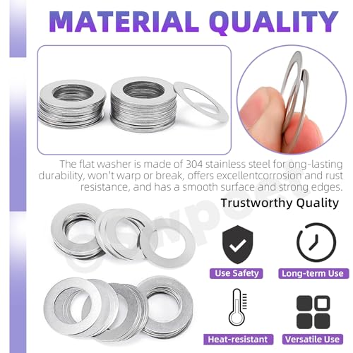Swpeet 175Pcs 6 Sizes M4 M5 M6 M8 M10 M12 304 Stainless Steel Flat Washers Assortment Kit, Ultra Thin Flat Spacers, Metal Washers Set, Metal Ultra Thin Plain Gasket, Shim Washer for Screw Bolt